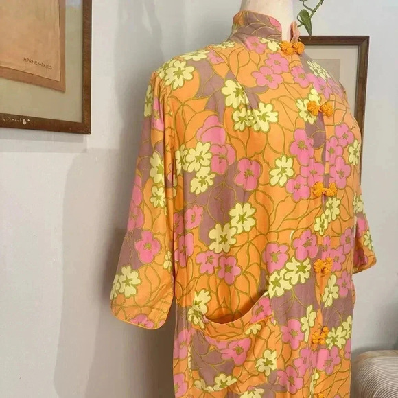 Vintage 1970s Mandarin Floral Tunic Dress Bold Orange Retro Print hippy flower - Picture 4 of 7